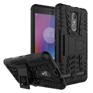 Lenovo K6 / K6 Power, Műanyag hátlap védőtok, Defender, kitámasztóval és szilikon belsővel, autógumi minta, fekete