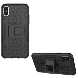 Apple iPhone X / XS, Műanyag hátlap védőtok, Defender, kitámasztóval és szilikon belsővel, autógumi minta, fekete