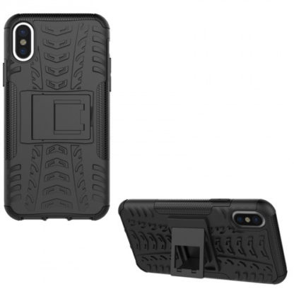 Apple iPhone X / XS, Műanyag hátlap védőtok, Defender, kitámasztóval és szilikon belsővel, autógumi minta, fekete