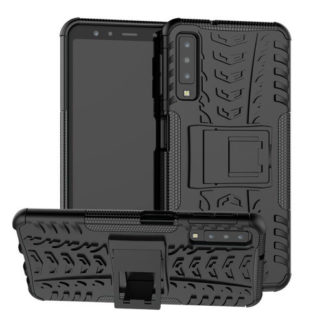 Samsung Galaxy A7 (2018) SM-A750F, Műanyag hátlap védőtok, Defender, kitámasztóval és szilikon belsővel, autógumi minta, fekete