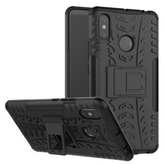 Xiaomi Mi Max 3, Műanyag hátlap védőtok, Defender, kitámasztóval és szilikon belsővel, autógumi minta, fekete