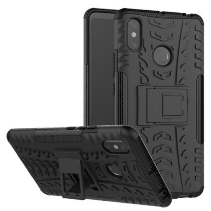 Xiaomi Mi Max 3, Műanyag hátlap védőtok, Defender, kitámasztóval és szilikon belsővel, autógumi minta, fekete