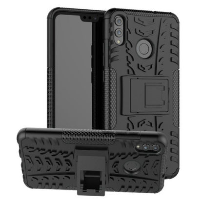 Huawei Honor 8X, Műanyag hátlap védőtok, Defender, kitámasztóval és szilikon belsővel, autógumi minta, fekete
