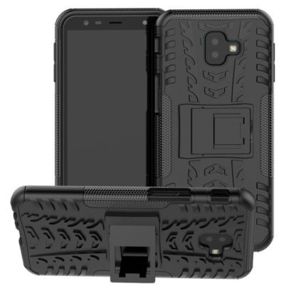 Samsung Galaxy J6 Plus (2018) SM-J610F, Műanyag hátlap védőtok, Defender, kitámasztóval és szilikon belsővel, autógumi minta, fekete