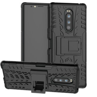 Sony Xperia 1, Műanyag hátlap védőtok, Defender, kitámasztóval és szilikon belsővel, autógumi minta, fekete