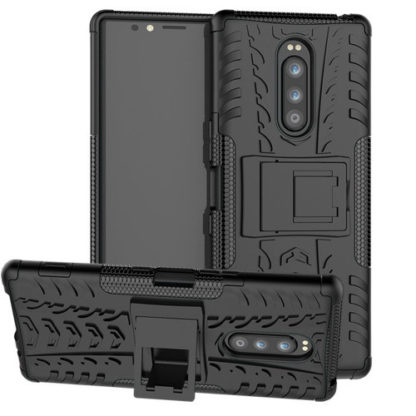 Sony Xperia 1, Műanyag hátlap védőtok, Defender, kitámasztóval és szilikon belsővel, autógumi minta, fekete