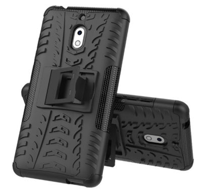 Nokia 2 (2018) / 2.1 (2018), Műanyag hátlap védőtok, Defender, kitámasztóval és szilikon belsővel, autógumi minta, fekete