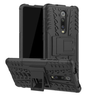 Xiaomi Redmi K20 / K20 Pro / Mi 9T / Mi 9T Pro, Műanyag hátlap védőtok, Defender, kitámasztóval és szilikon belsővel, autógumi minta, fekete
