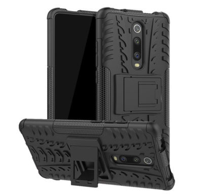 Xiaomi Redmi K20 / K20 Pro / Mi 9T / Mi 9T Pro, Műanyag hátlap védőtok, Defender, kitámasztóval és szilikon belsővel, autógumi minta, fekete