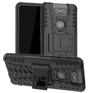Asus Zenfone 6 ZS630KL, Műanyag hátlap védőtok, Defender, kitámasztóval és szilikon belsővel, autógumi minta, fekete
