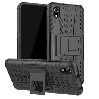 Xiaomi Redmi 7A, Műanyag hátlap védőtok, Defender, kitámasztóval és szilikon belsővel, autógumi minta, fekete
