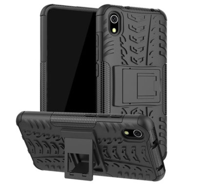 Xiaomi Redmi 7A, Műanyag hátlap védőtok, Defender, kitámasztóval és szilikon belsővel, autógumi minta, fekete