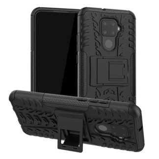 Huawei Mate 30 Lite, Műanyag hátlap védőtok, Defender, kitámasztóval és szilikon belsővel, autógumi minta, fekete