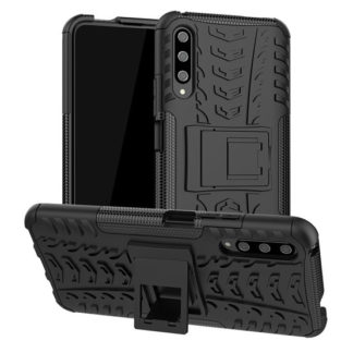 Huawei Honor 9X, Műanyag hátlap védőtok, Defender, kitámasztóval és szilikon belsővel, autógumi minta, fekete