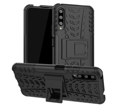 Huawei Honor 9X, Műanyag hátlap védőtok, Defender, kitámasztóval és szilikon belsővel, autógumi minta, fekete