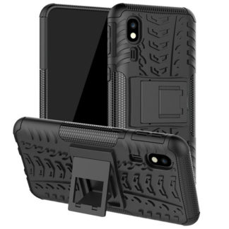 Samsung Galaxy A2 Core SM-A260F, Műanyag hátlap védőtok, Defender, kitámasztóval és szilikon belsővel, autógumi minta, fekete