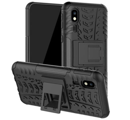 Samsung Galaxy A2 Core SM-A260F, Műanyag hátlap védőtok, Defender, kitámasztóval és szilikon belsővel, autógumi minta, fekete