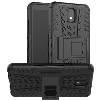 LG K30 (2019), Műanyag hátlap védőtok, Defender, kitámasztóval és szilikon belsővel, autógumi minta, fekete