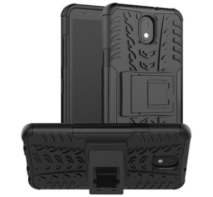 LG K30 (2019), Műanyag hátlap védőtok, Defender, kitámasztóval és szilikon belsővel, autógumi minta, fekete