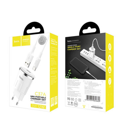 Prémium minőségű HOCO hálozati töltő C37A 1xUSB 2,4A 12W plusz USB Type C kábel - Image 3