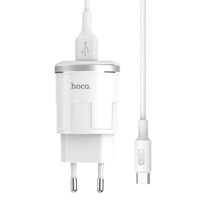 Prémium minőségű HOCO hálozati töltő C37A 1xUSB 2,4A 12W plusz USB Type C kábel - Image 2