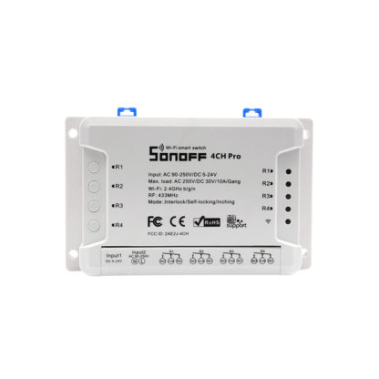 Sonoff 4CH PRO (R2) WiFi + RF, internetről távvezérelhető kapcsoló relé négy áramkörhöz, impulzuskapcsolással