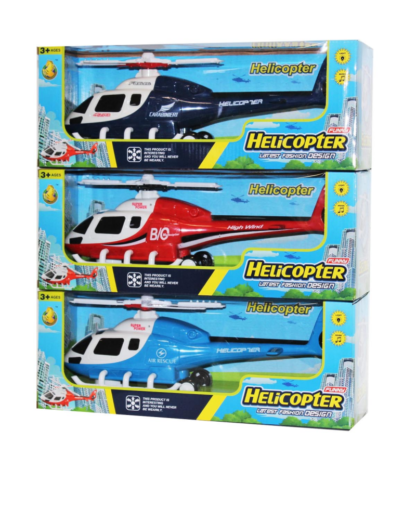 Helikopter, elemes(3xAA), bolygókerekes, hangot ad és világít, 3 szín: piros, kék, fekete, 40x16 cm dobozban
