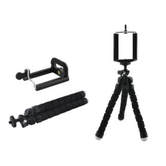 Tripod, hajlítható lábú, szelfi és asztali miniállvány, fekete, telefon adapterrel
