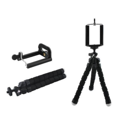 Tripod, hajlítható lábú, szelfi és asztali miniállvány, fekete, telefon adapterrel