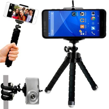 Tripod, hajlítható lábú, szelfi és asztali miniállvány, fekete, telefon adapterrel - Image 5