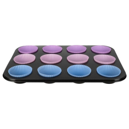 Muffin és sütemény tepsi, 12 forma, 35 x 26,5 cm, acél, fekete - Image 4